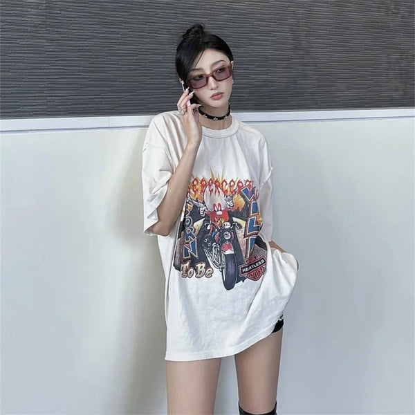 American Style Heavyweight Vintage T-shirts Oversize Short Sleeve Motorcycle Cartoon Print Explodes Muscle High Quality Tops