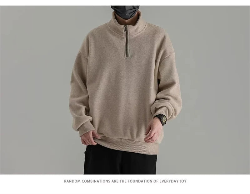 Mens Polar Fleece Half Zip Turtleneck Sweatshirts Korean Fashion Loose