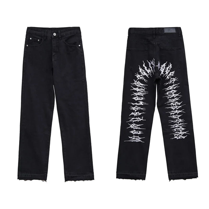 fashion back letters embroidery denim jeans mens casual zipper straight harajuku jean trouser hip hop streetwear pants joggers unique joggers style 5463