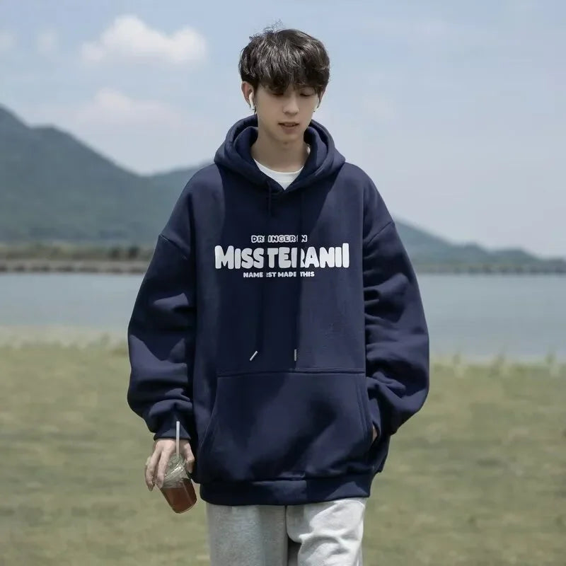 American Retro Casual Hoodies For Men Letter Printed Loose Fit Hooded