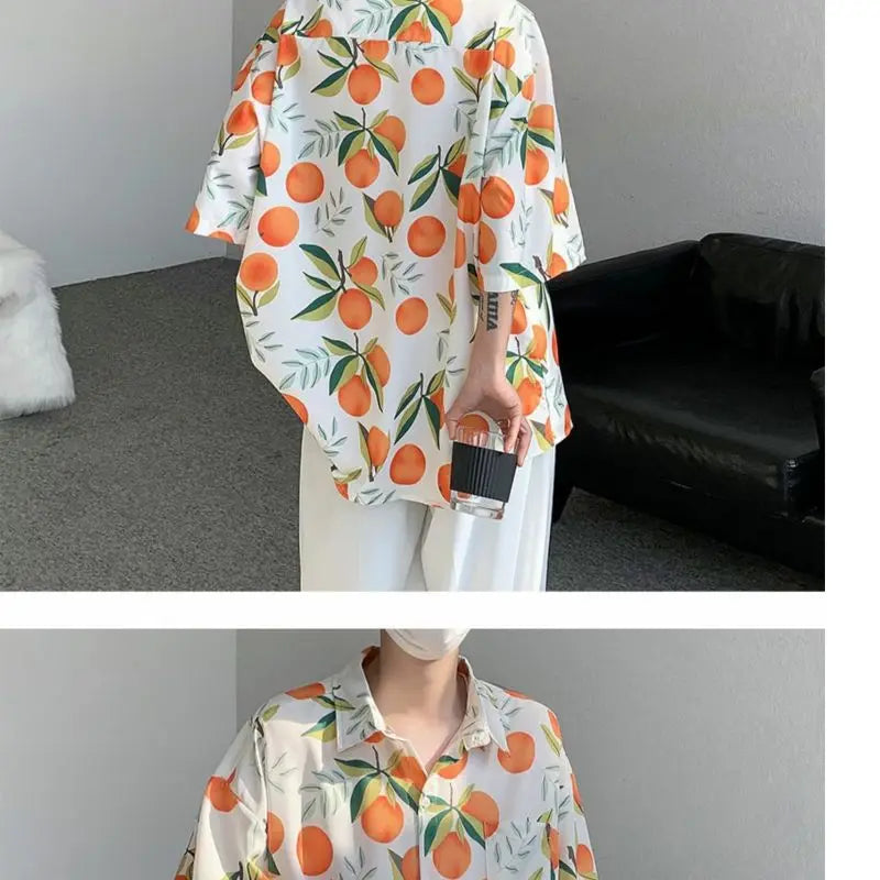 Gothic Streetwear – Orange Cute Fruit Peaches Full Print Shirts Loose Half Sleev – Modern Streetwear for Everyone