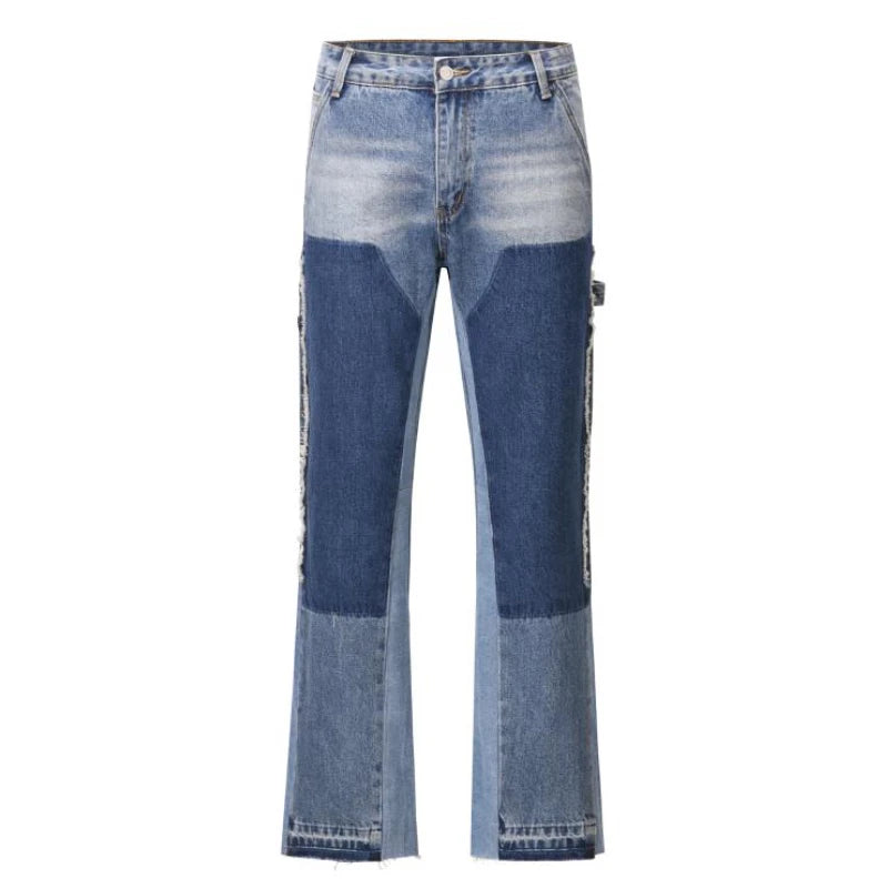 patchwork design denim flare jeans pants men casual zipper straight biker trousers jeans fashion streetwear hip hop jean joggers casual joggers