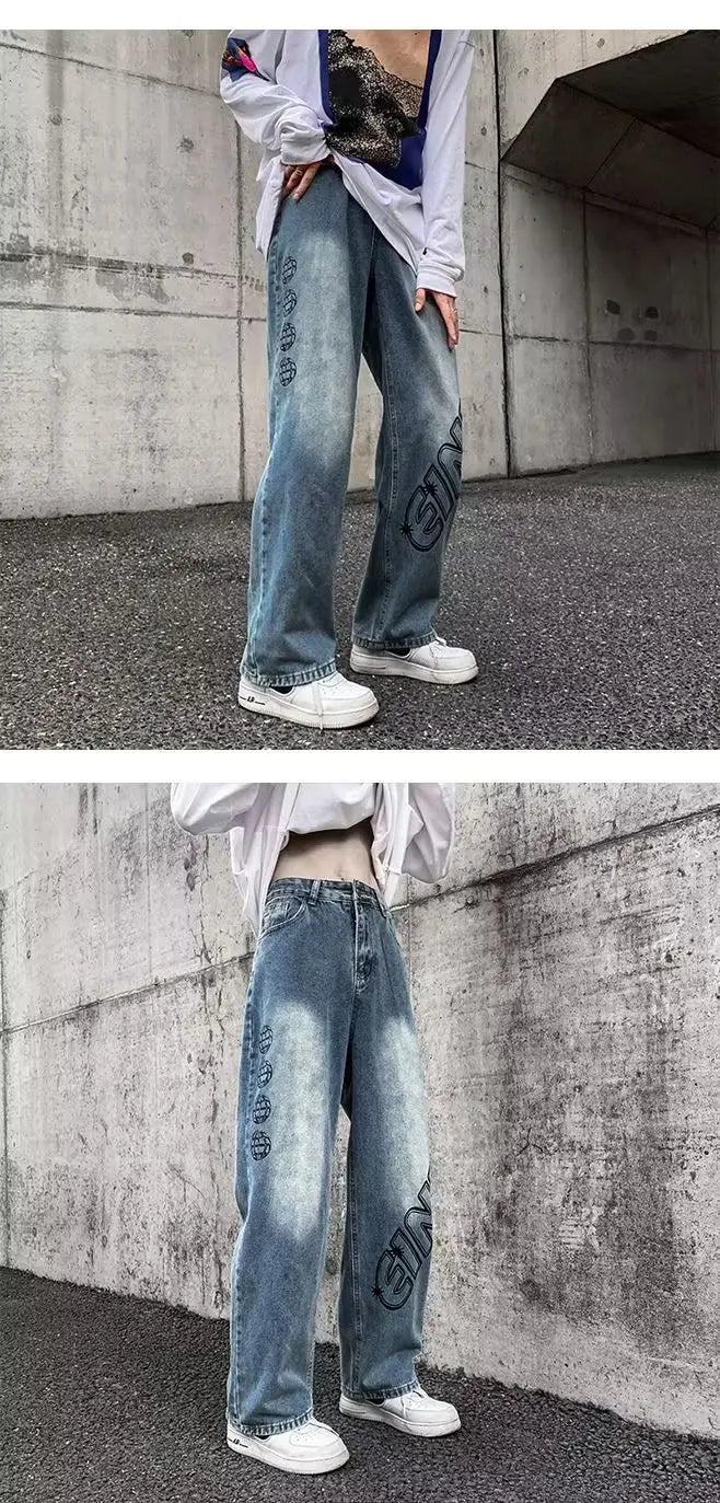 2023 new fashion letter graffiti brown hip hop men baggy jeans pants y2k clothes straight vintage denim trousers pantalon homme unique jeans style 5818