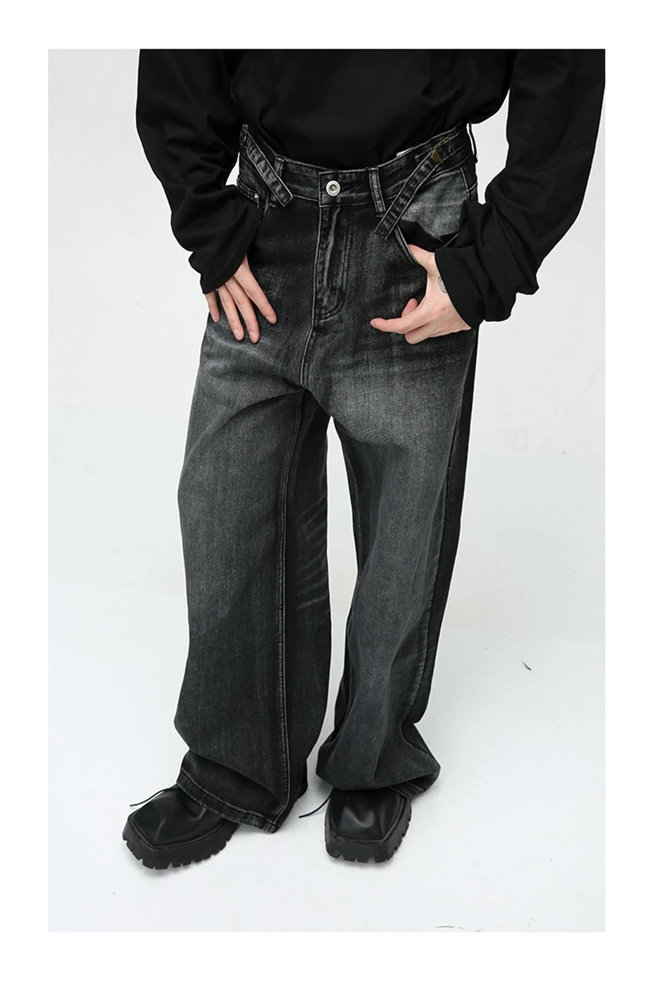 mens black baggy jeans male casual loose straight jeans trousers vintage hip hop denim pants unique jeans style 184