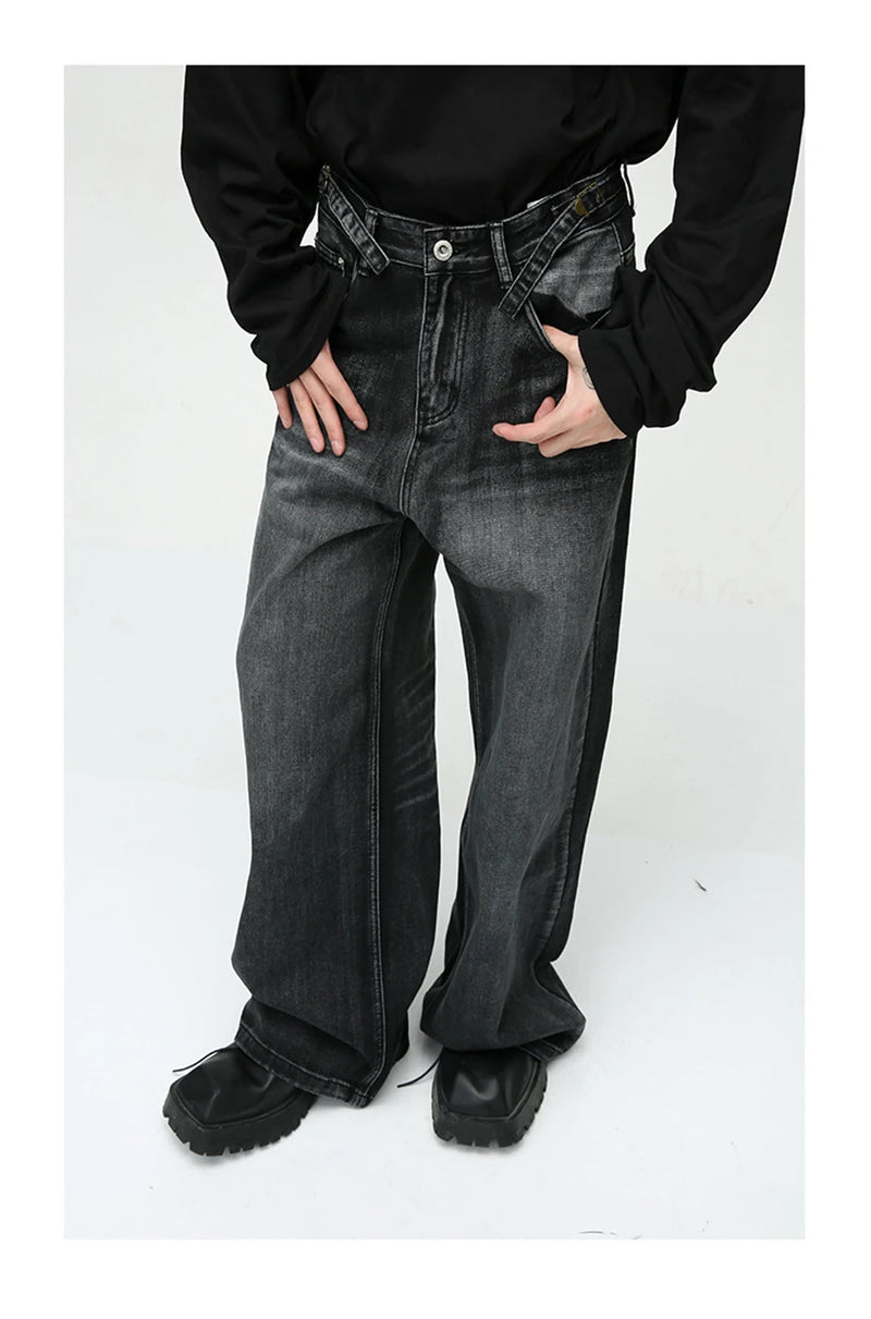 mens black baggy jeans male casual loose straight jeans trousers vintage hip hop denim pants unique jeans style 184