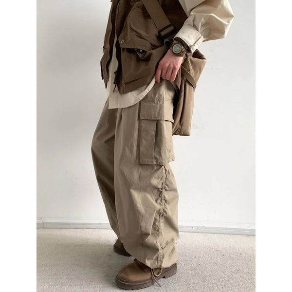 japanese street mens 3 piece set multi pocket camping vest solid cargo shirt side pockets casual pants suit couple trend set multi-pocket cargos
