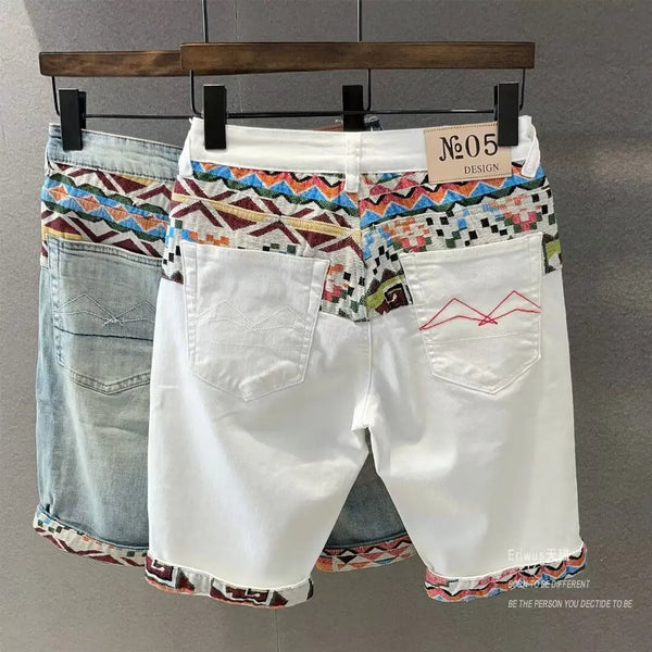 Summer New Denim Shorts Men's Stitching Embroidery Ripped Knee-length Shorts White 2024 Korean Fashion High Quality Jeans