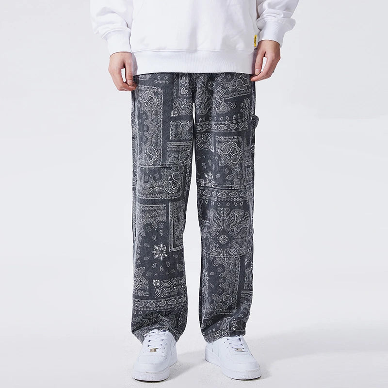 mens hip hop straight denim jeans pants fashion zipper paisley jeans streetwear casual loose trousers pants joggers baggy jeans unique joggers style 2802