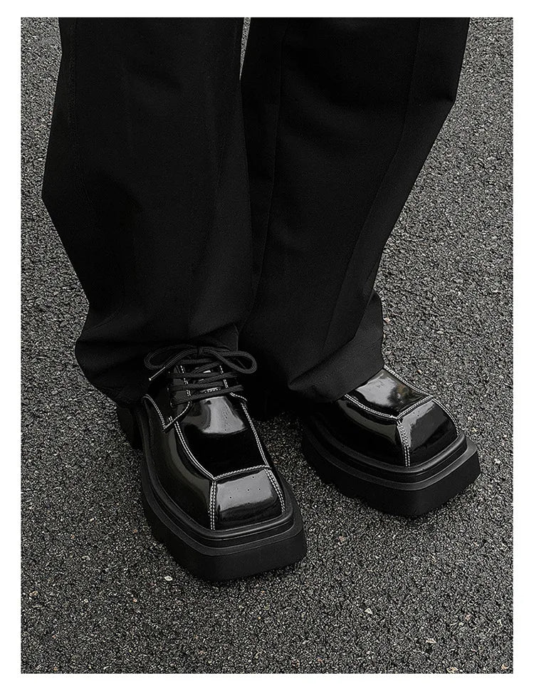Men Streetwear Dark Black Fashion Thick Sole Platform PU Leather Casual Luxury High Street Increase Square Derby Shoes Man