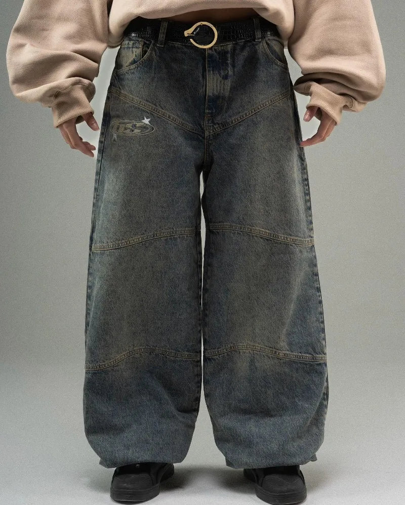 american dark blue vintage street style jeans alphabet embroidery loose pants men y2k punk harajuku couple casual wide leg pants urban skinny jeans