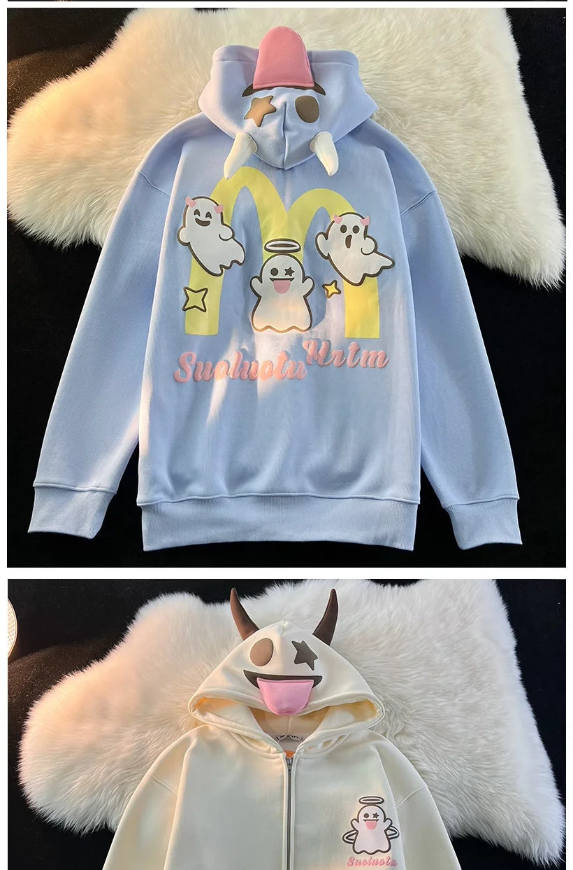 Japanese Devils Corner Hoodie Womens Couple Loose Gothic Winter Clothing Plush Hoodie