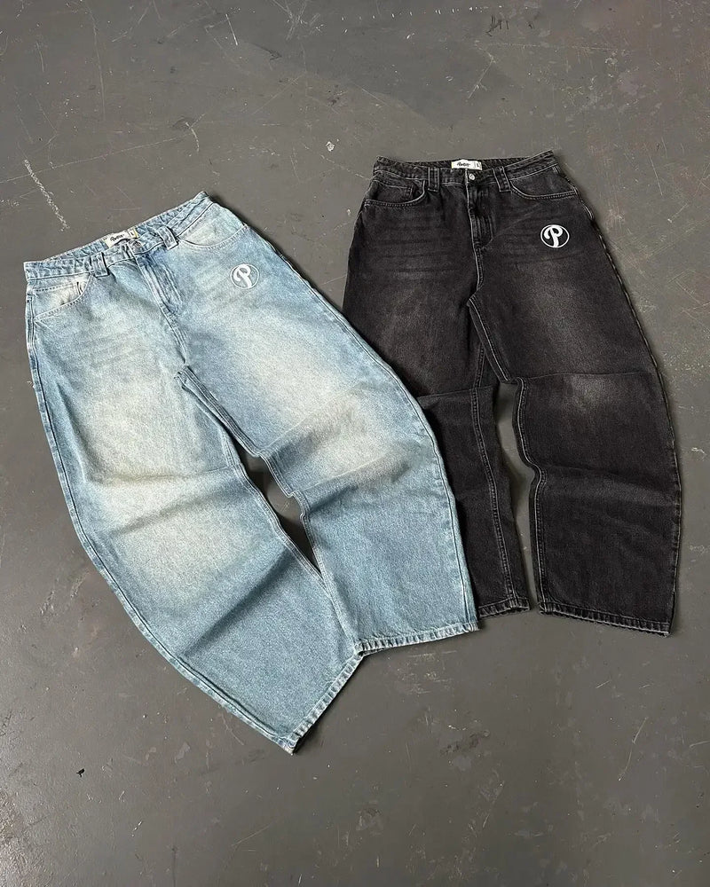 baggy jeans men and women retro harajuku hip hop high waist wide leg trouser y2k new protect jeans letter embroidery washed blue unique jeans style 2531