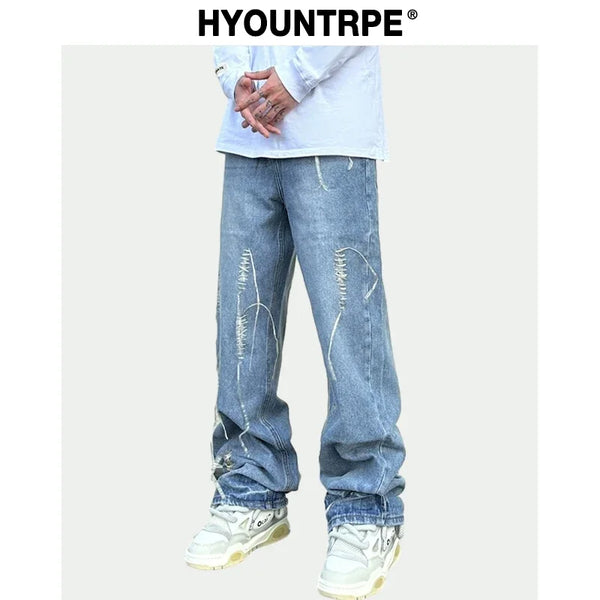 fashion loose streetwear denim jeans new casual wide legs straight jean pants hip hop tassel joggers baggy jeans men clothing urban active pants