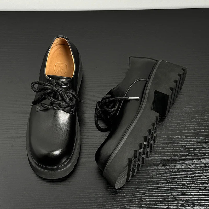 Men High Quality Genuine Leather Streetwear Fashion Casual Hip Hop Derby Shoes Cow Leather Rubber Foam Sole High Heels Shoes