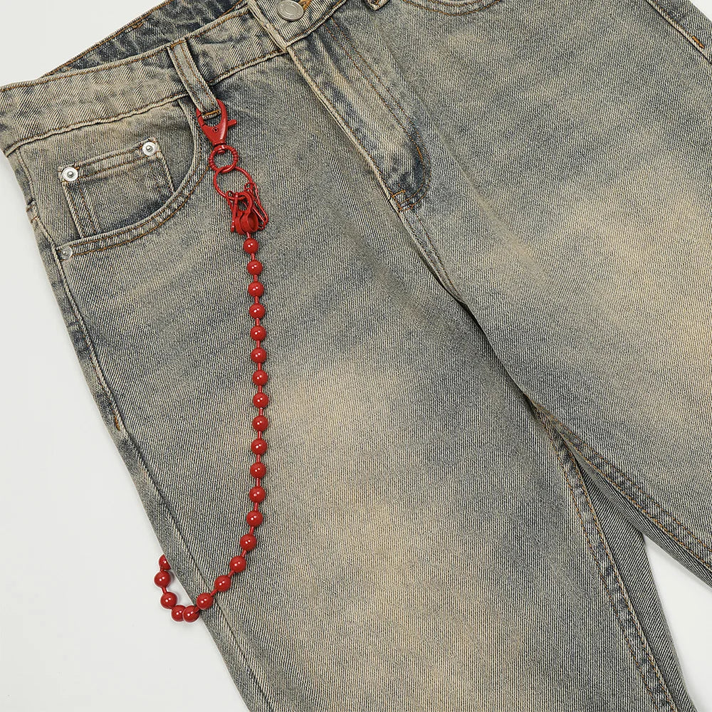 red chain pendant washed vintage jeans men women streetwear fashion hip hop loose casual wide leg denim jeans pants trousers vintage washed jeans