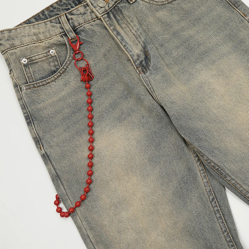 red chain pendant washed vintage jeans men women streetwear fashion hip hop loose casual wide leg denim jeans pants trousers vintage washed jeans