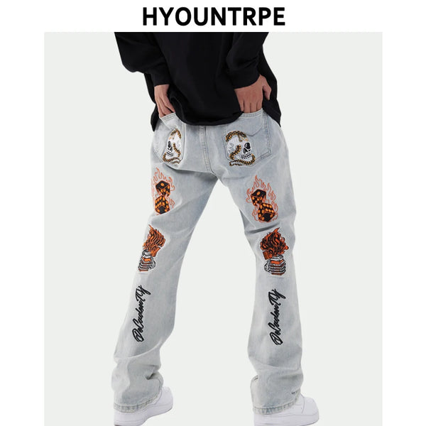 fashion back skull letters embroidery denim flare jeans mens zipper straight trouser hip hop streetwear pants joggers jeans men streetwear sweatpants