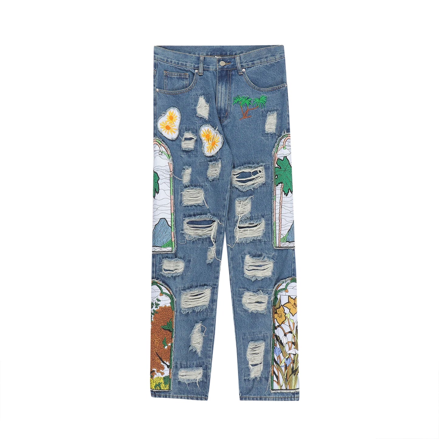 harajuku fashion embroidered patches straight denim pants hip hop washed torn jeans black blue patchwork y2k jeans baggy men denim street jeans