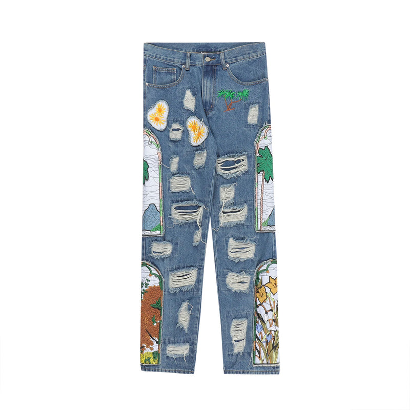 harajuku fashion embroidered patches straight denim pants hip hop washed torn jeans black blue patchwork y2k jeans baggy men denim street jeans