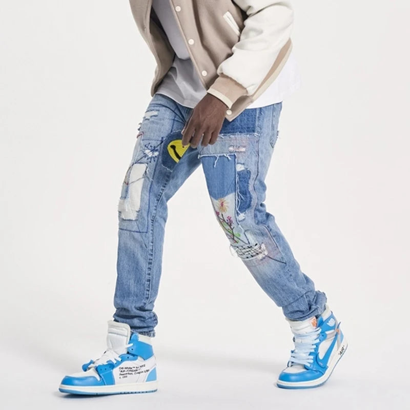 high street floral embroidery patchwork ripped blue jeans pants for male retro straight casual denim trousers oversized jean ripped baggy denim