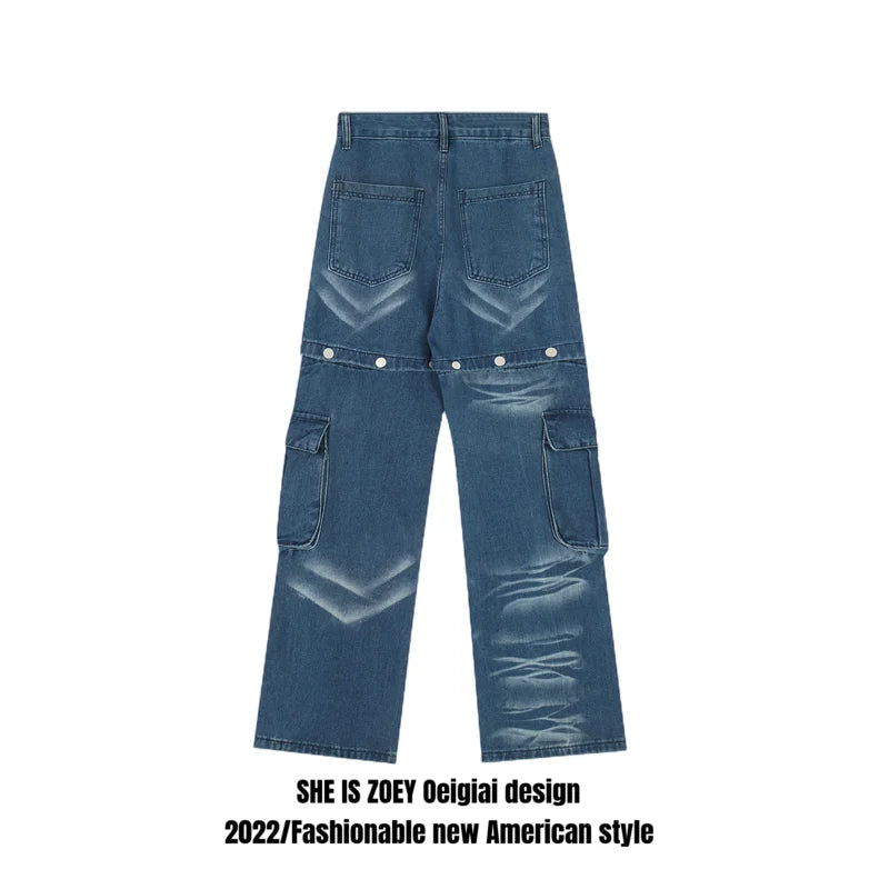 american retro buttons detachable design wide cargo jeans mens womens straight leg pants hip hop washed jeans overall 2023 unique cargo style 914