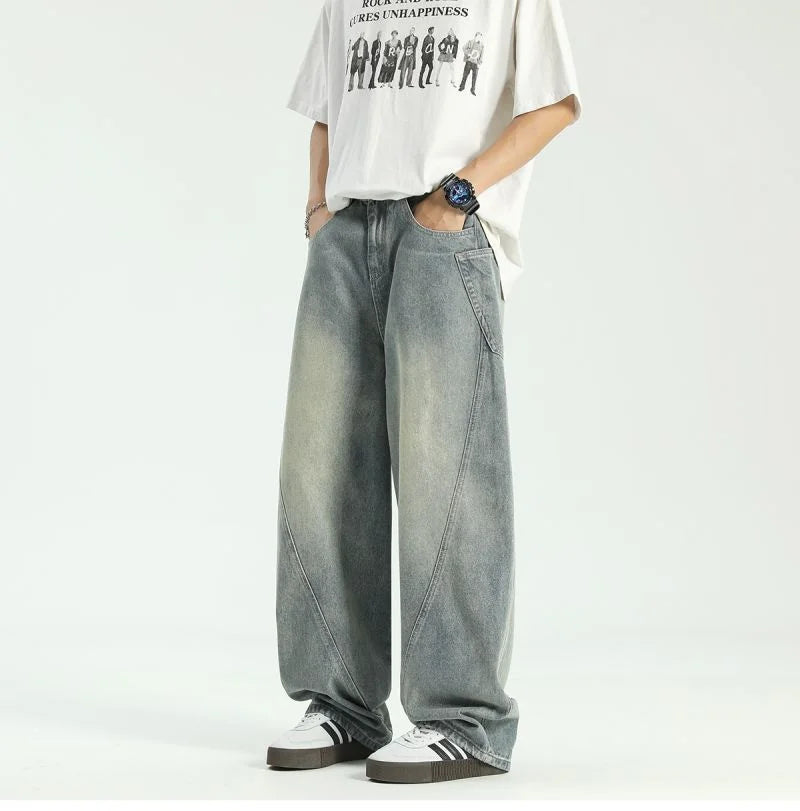 new vintage men s patchwork baggy jeans draped straight leg denim trousers autumn korean fashion high street casual y2k jean unique jeans style 538