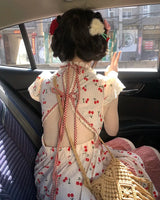 Summer Red Lolita Kawaii Dress Women Bow Sweet Princess Party Mini Dress Female Patchwork Korean Fashion Cherry Cute Dress 2023
