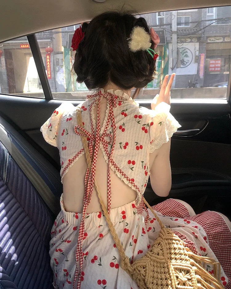 Summer Red Lolita Kawaii Dress Women Bow Sweet Princess Party Mini Dress Female Patchwork Korean Fashion Cherry Cute Dress 2023