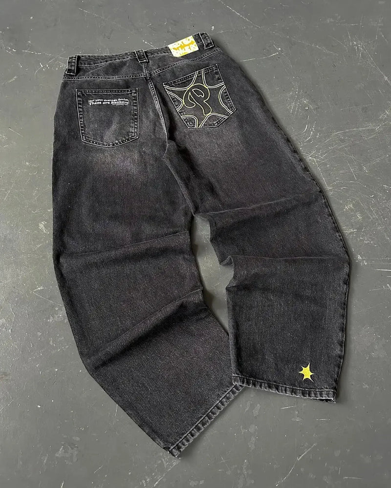 hip hop protect streetwear jeans y2k mens pants harajuku letter embroidery vintage blue baggy jeans high waist wide leg trouser unique jeans style 4104