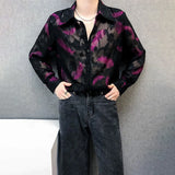 Mens Feather Embroidery Sexy Mesh Perspective Long-Sleeved Shirt Autumn Genderless Fashion Nightclub Hollow Thin Top Unisex