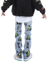 skull embroidery patchwork ripped denim jean pants fashion biker straight trousers streetwear hip hop joggers pant men clothing casual joggers