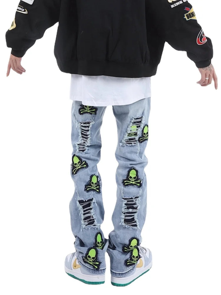 skull embroidery patchwork ripped denim jean pants fashion biker straight trousers streetwear hip hop joggers pant men clothing casual joggers