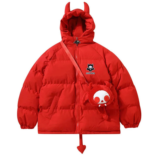 Devil Horn Hooded Jacket Parka with Bag 2023 Winter Streetwear Thick Warm Bubble Padded Coats Harajuku Casual Puffer Jackets