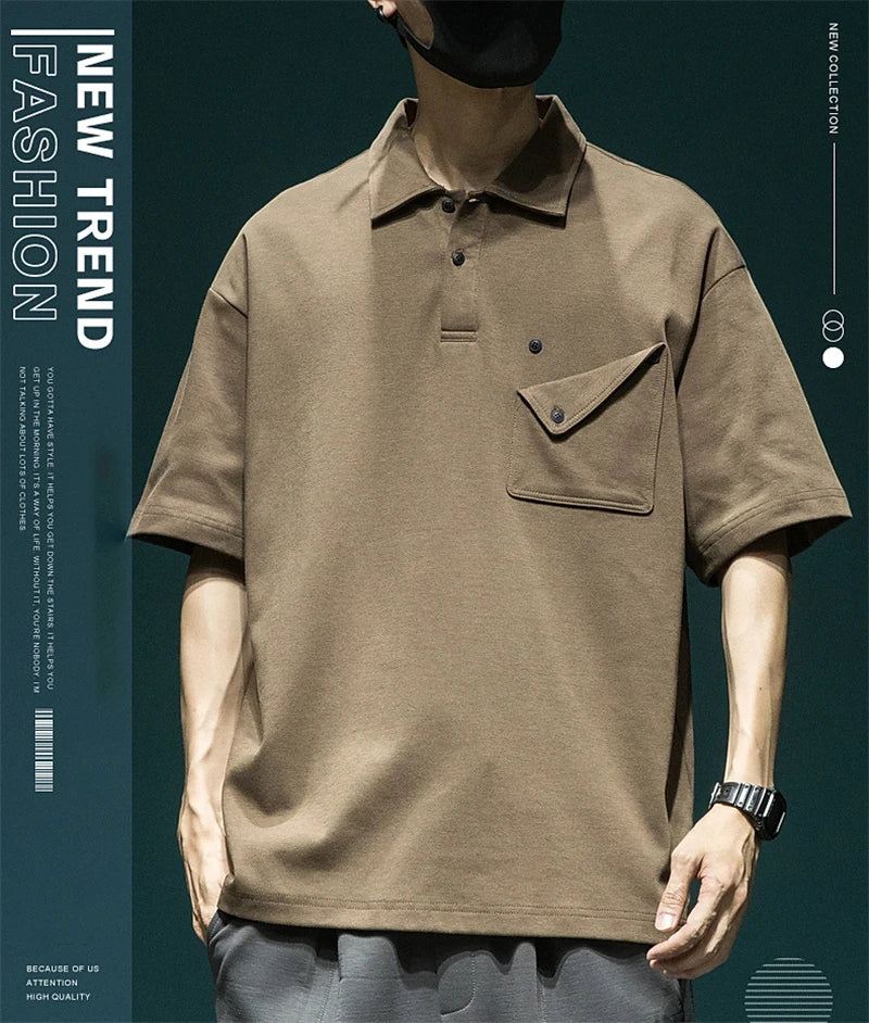 Gothic Angelcore design – Summer New Button Pocket Polo Shirt For Men Casual Short Sle