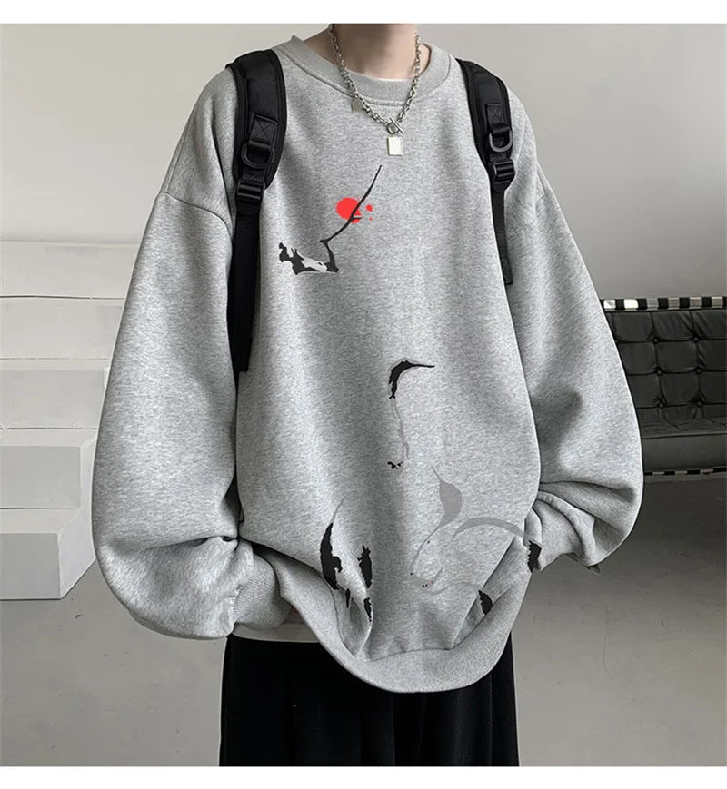 Ink Painting Cartoon Crane Printed Pullover Hoodies For Men 2024 New H