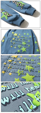 High Street Letter Foam Stars Print Mens And Womens Fleece Hoodie Retr