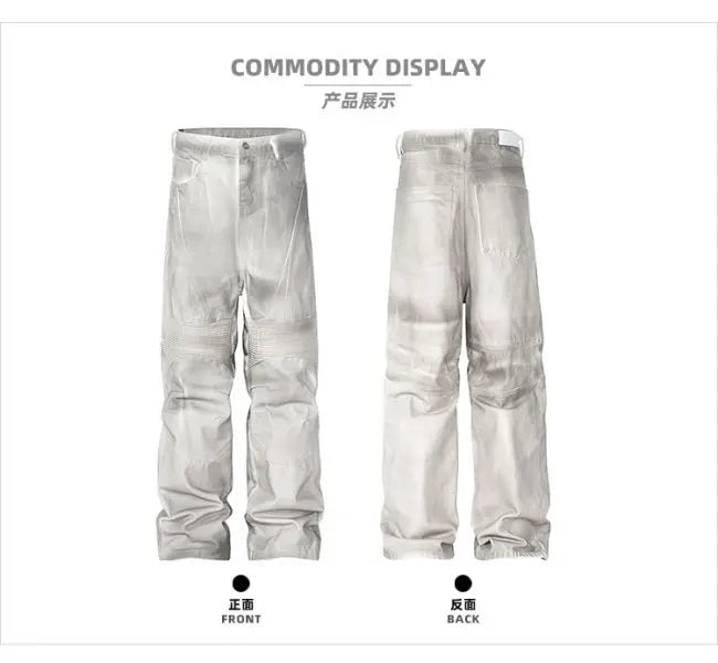 european and american high street washed distressed wide leg jeans pants y2k hip hop splashing ink pleated beggar jeans vintage unique jeans style 1377