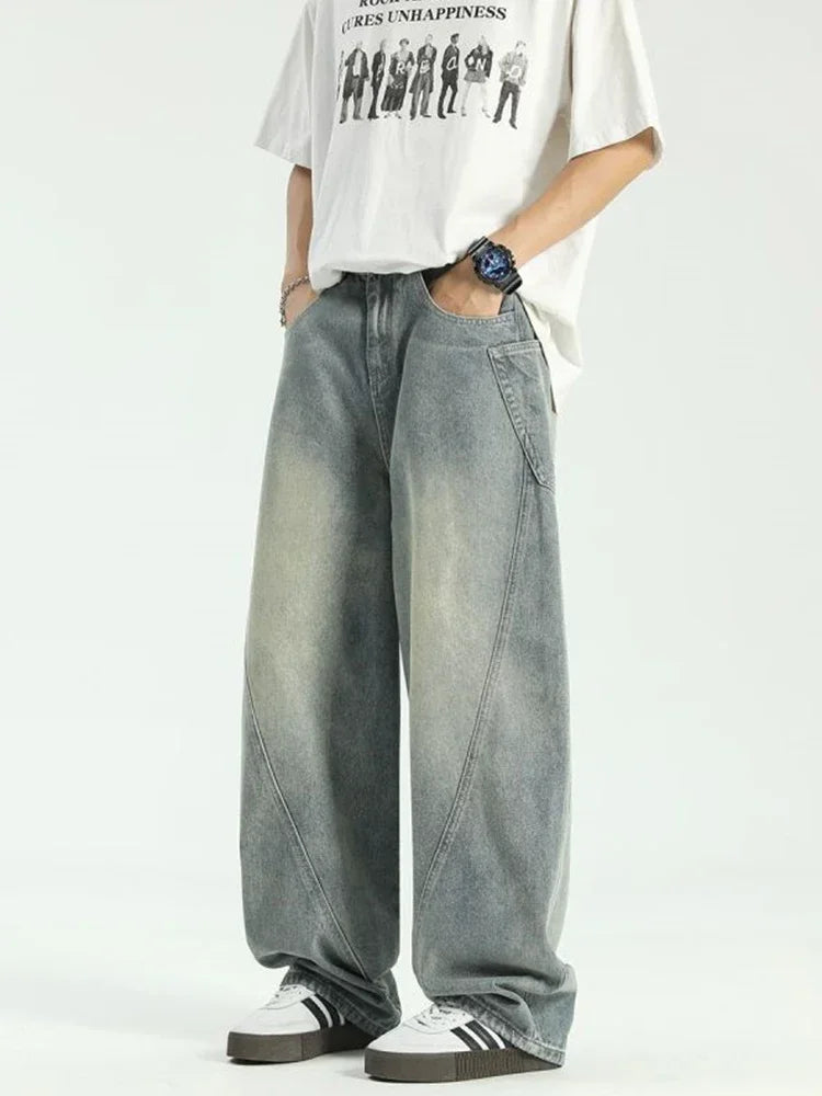 new vintage men s patchwork baggy jeans draped straight leg denim trousers autumn korean fashion high street casual y2k jean unique jeans style 553