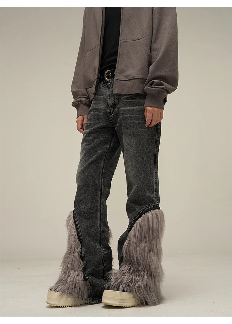 harajuku denim straight jeans men trousers high street zipper detachable fur bottom streetwear casual loose joggers jean pants unique joggers style 3974