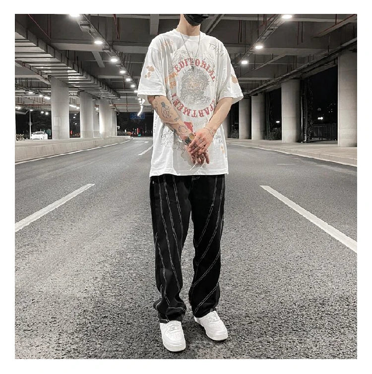 fashion design lines denim jeans mens zipper loose straight trousers hip hop new casual streetwear pants joggers baggy jeans unique joggers style 1457