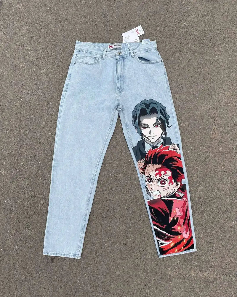 harajuku popular anime kokushibo print baggy jeans new style wide leg trouser y2k streetwear for men women high waist pants unique jeans style 4294