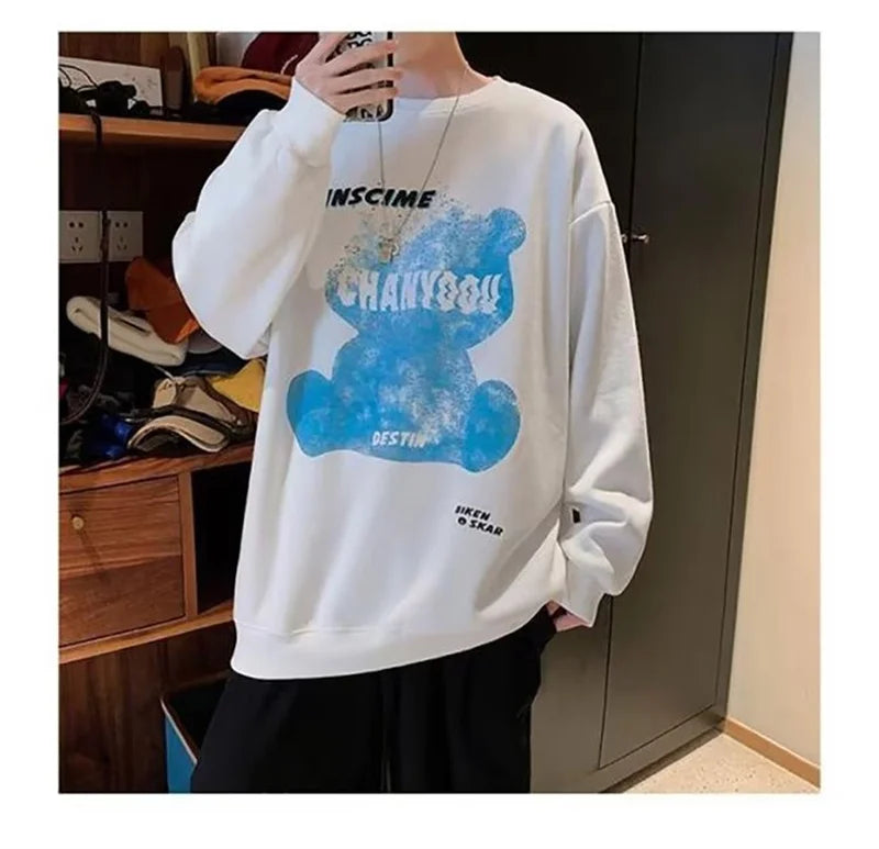 Graphic Blue Bear Kawaii Print Pullovers Hoodies For Men Autumn Fleece