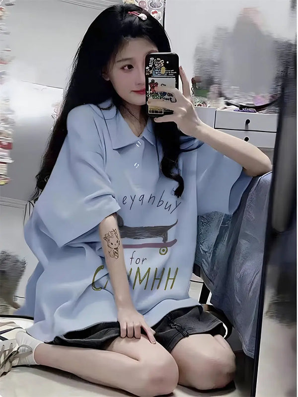 Gothic Vintage print – New 2024 Korean Style Casual Loose Blue Polo Collar Short Sl
