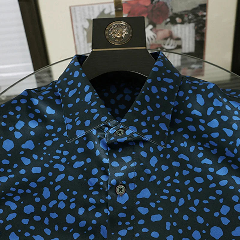 New 2021 Men 3D luxurious Wave point Polka dots Print Fashion Silk Casual Shirts Shirt high Pocket Long-sleeves S 2XL #A160