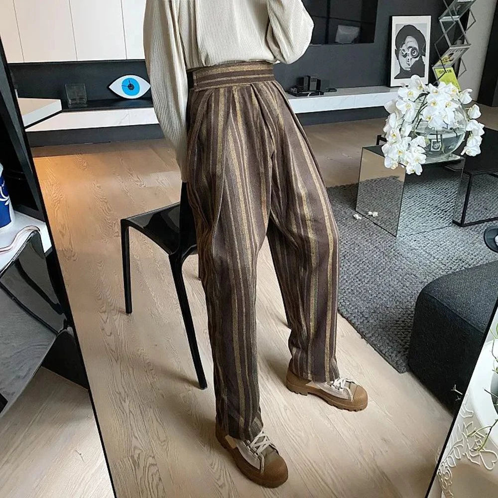mens trousers plush stripes contrast color casual pants autumn streetwear fashion all match straight pants mens clothing 2024 menswear bottoms