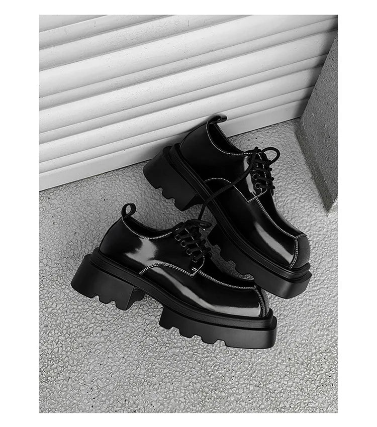 Men Streetwear Dark Black Fashion Thick Sole Platform PU Leather Casual Luxury High Street Increase Square Derby Shoes Man