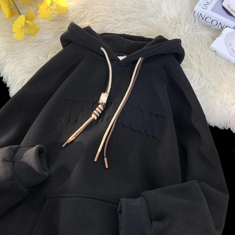 Embossed Letters Casual Hooded Sweatshirt Basic Colours Drawstring Cla