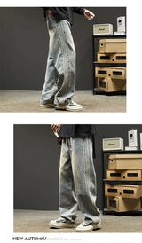 elastic waist baggy jeans for men side striped wide leg denim pants korean fashion casual trousers y2k vintage jean hombre unique jeans style 3246