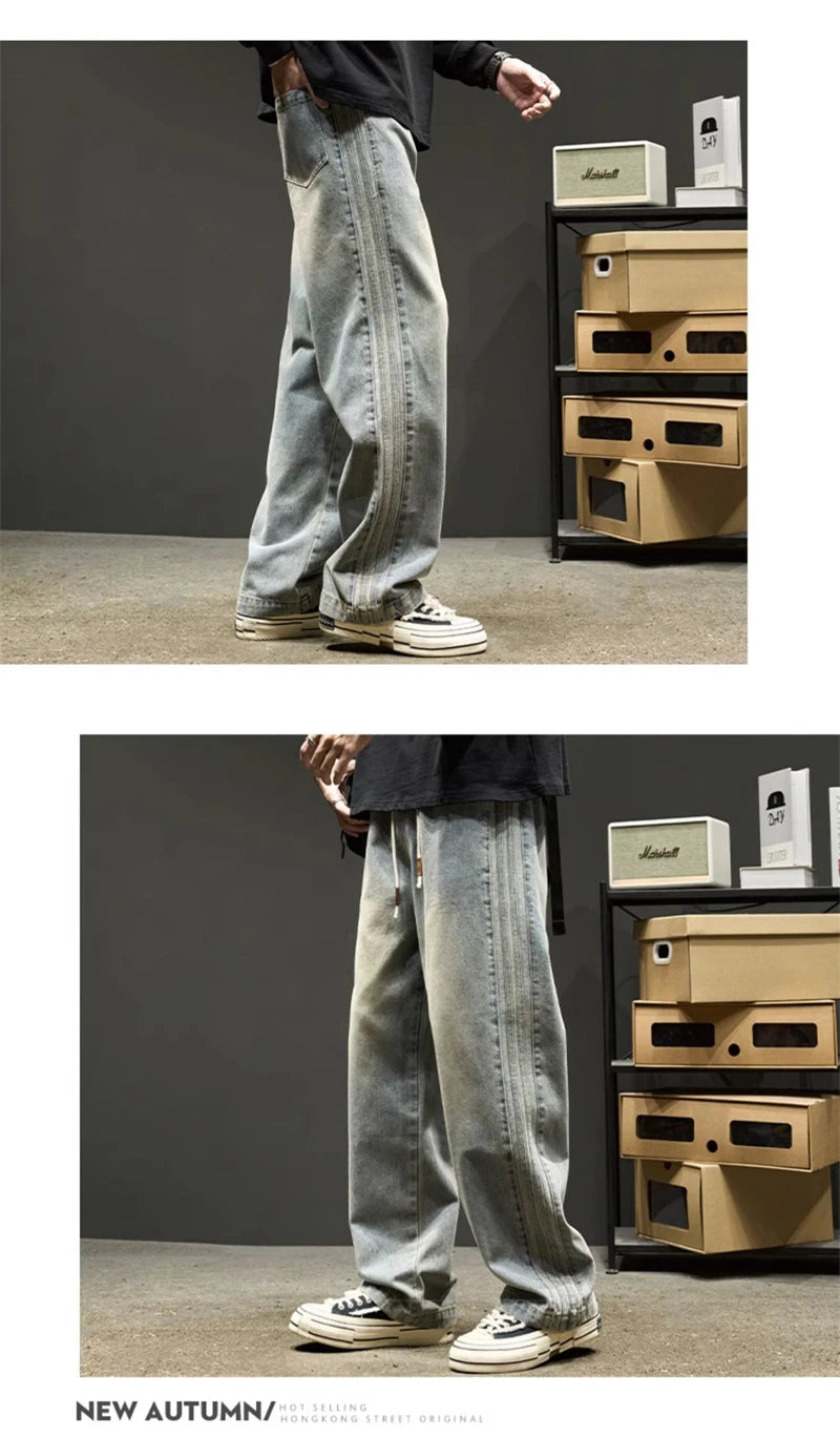 elastic waist baggy jeans for men side striped wide leg denim pants korean fashion casual trousers y2k vintage jean hombre unique jeans style 3246