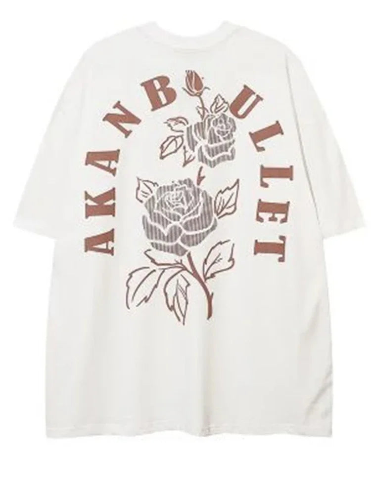 Harajuku Crying character – Floral Rose Graphic Printed Short Sleeve T Shirt For Men Hip